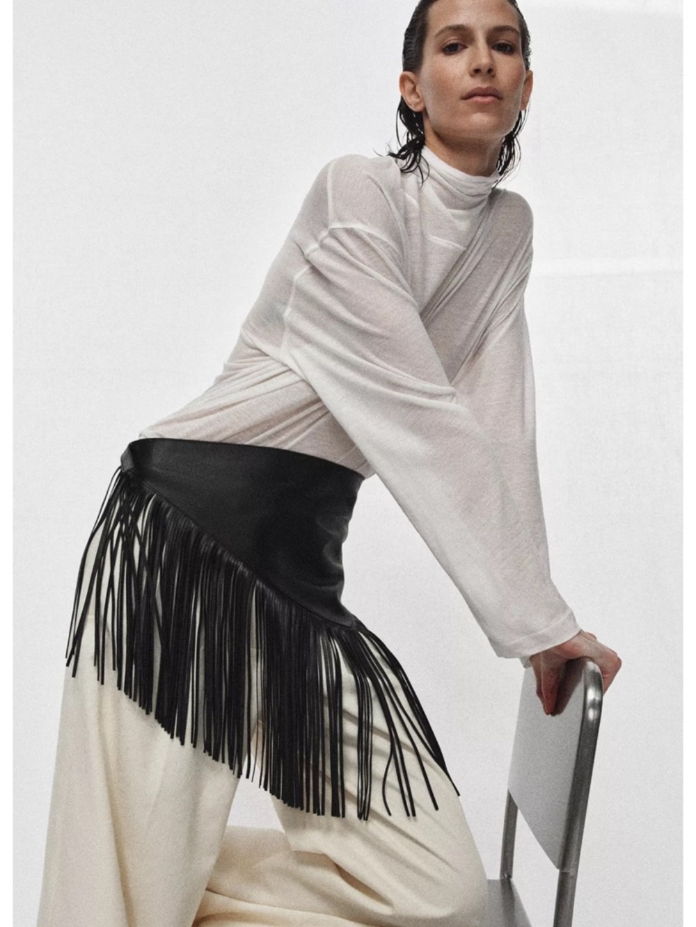 Zara Black Leather Fringe Waist Belt